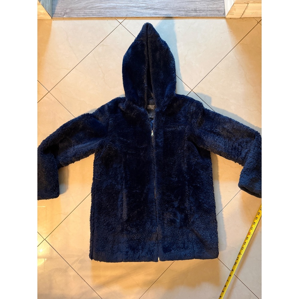 Urban Retro Navy‎ Blue Faux Fur Hooded Jacket Mens Large Full Zip Plush Coat L